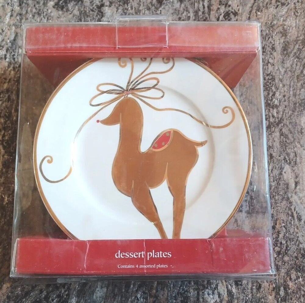 Pier 1 Porcelain Christmas Holiday Reindeer Star Salad Dessert 4 Plates Set Box